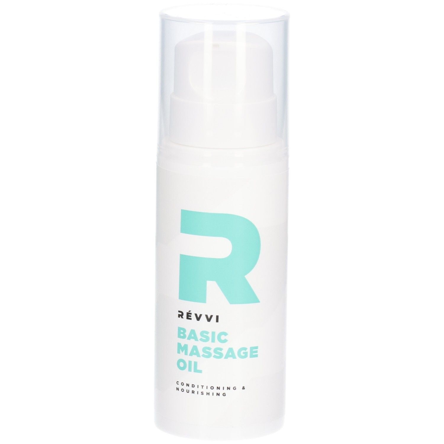 Weiße Flasche mit Sprühkopf. Türkisgrünes Logo und Schriftzug: RÉVVI Basic Massage Oil. Aufschrift: Conditioning & Nourishing.