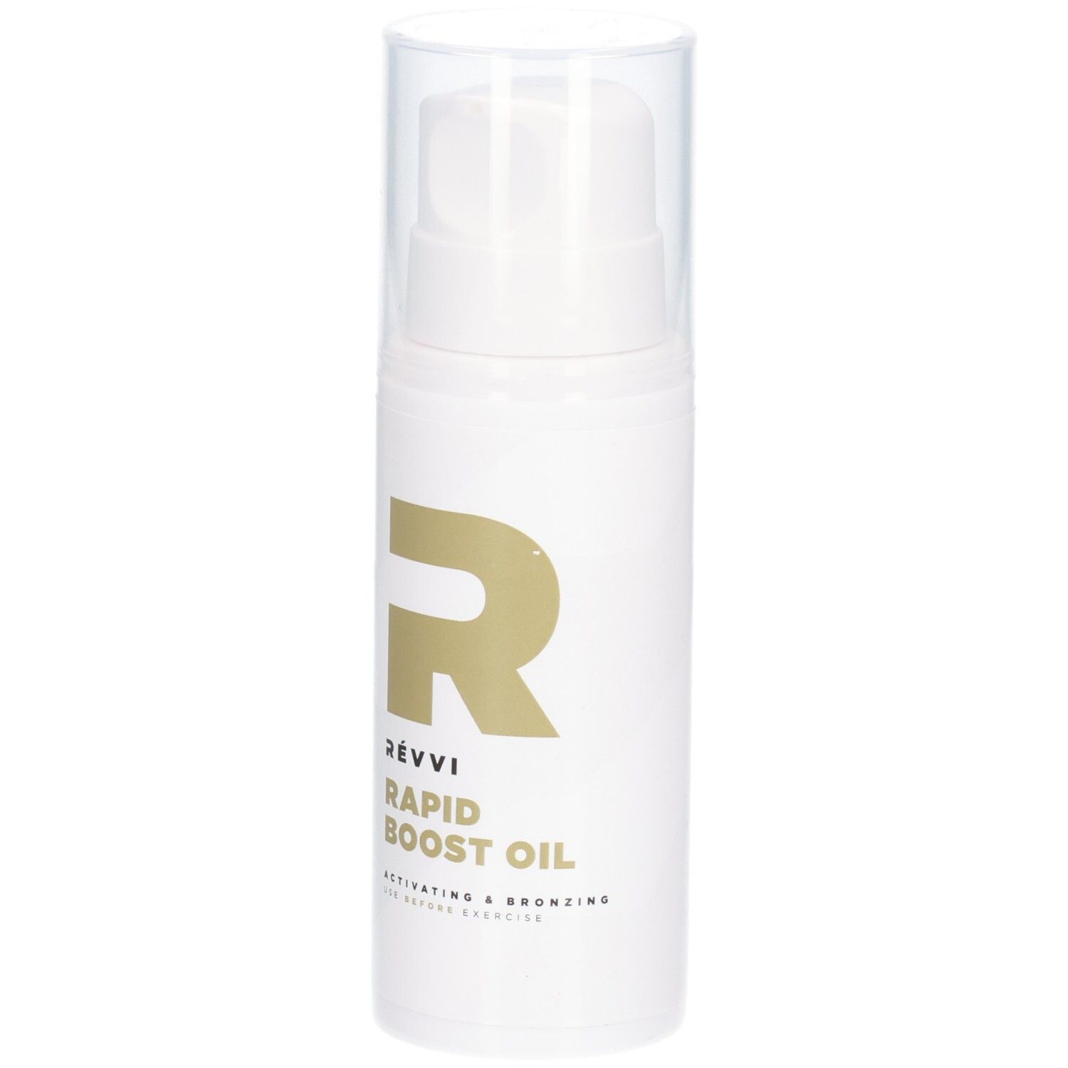 Weiße Flasche mit goldenem Logo und Aufschrift. Produktname: Rapid Boost Oil. Mit transparentem Deckel.