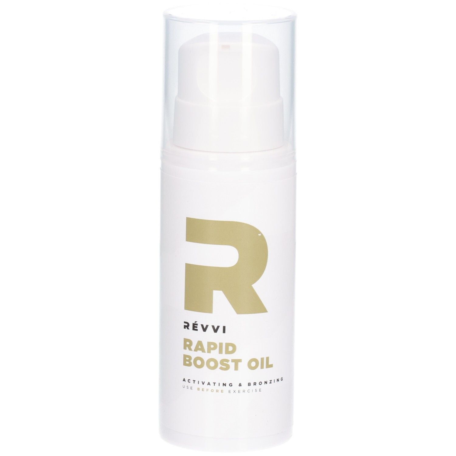 Weiße Flasche mit goldenem Logo und Aufschrift. Produktname: Rapid Boost Oil. Mit transparentem Deckel.