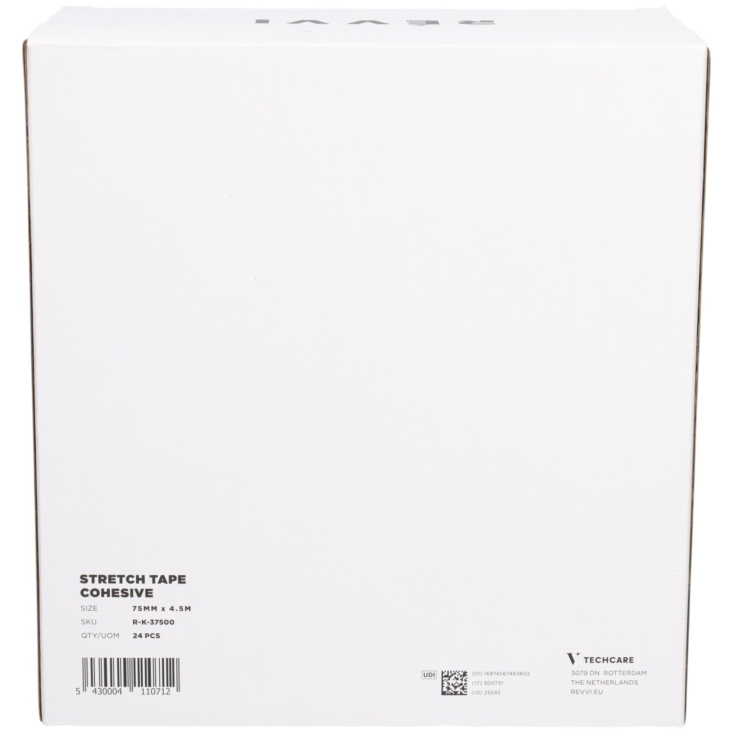 Weiße Box mit Produktinformationen und Barcode. Aufschrift STRETCH TAPE COHESIVE, 24 Stück, 75 mm x 4,5 m.