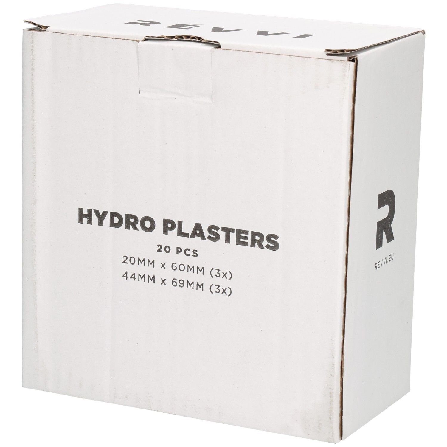 Weißer Karton mit Aufschrift HYDRO PLASTERS, 20 Stück. Größen: 20mm x 60mm (3x), 44mm x 69mm (3x). Logo und Marke REVVI.