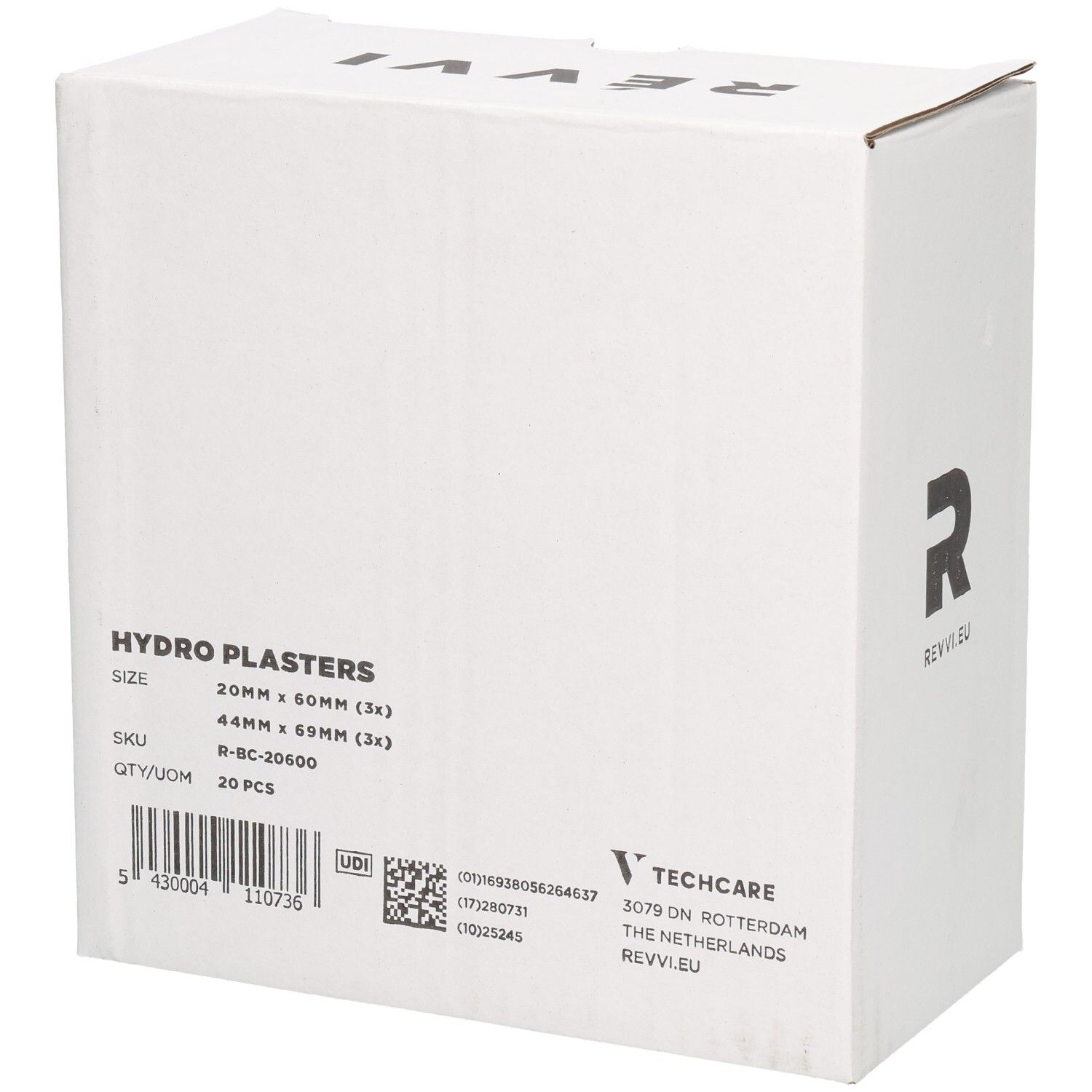 Weißer Karton mit Aufschrift HYDRO PLASTERS, 20 Stück. Größen: 20mm x 60mm (3x), 44mm x 69mm (3x). Logo und Marke REVVI.