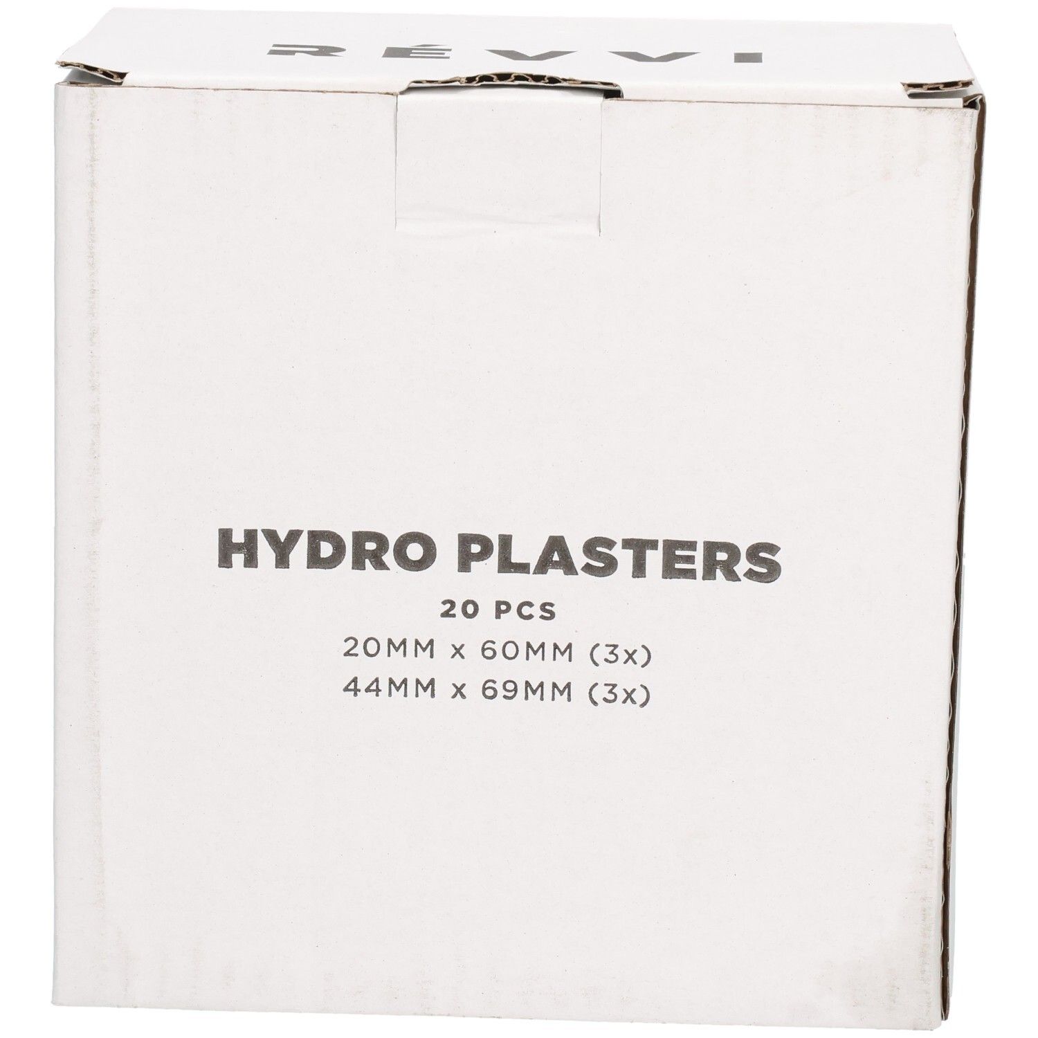 Weißer Karton mit Aufschrift HYDRO PLASTERS, 20 Stück. Größen: 20mm x 60mm (3x), 44mm x 69mm (3x).