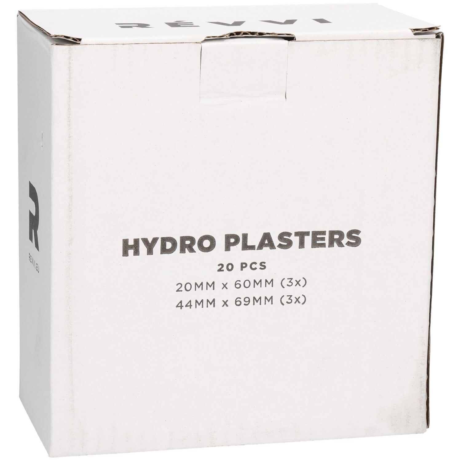 Weißer Karton mit Aufschrift HYDRO PLASTERS, 20 Stück. Größen: 20mm x 60mm (3x), 44mm x 69mm (3x).