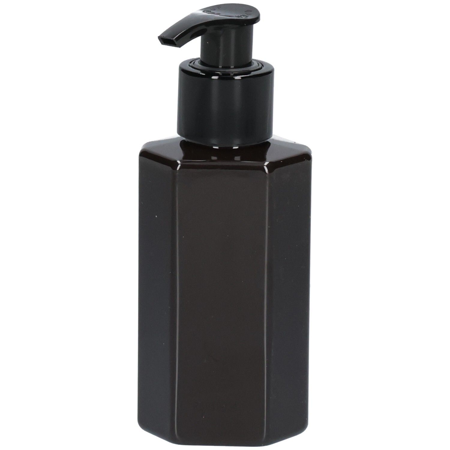 Braune, sechseckige Lotion-Flasche mit schwarzem Spender.