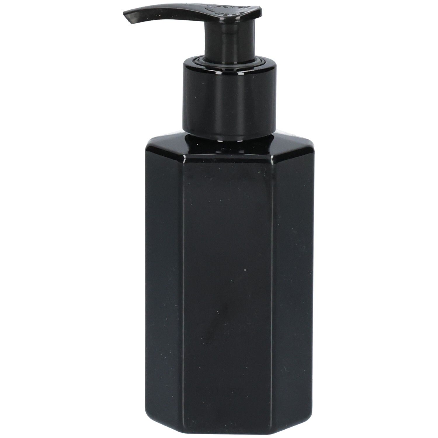 Schwarze achteckige Flasche mit Pumpspender.