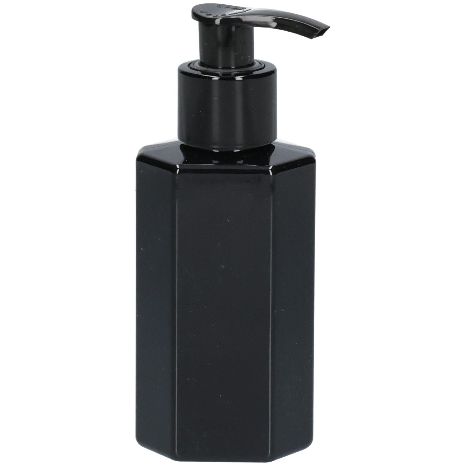 Schwarze, achteckige Flasche mit schwarzer Dosierpumpe. Keine weiteren Details sichtbar.