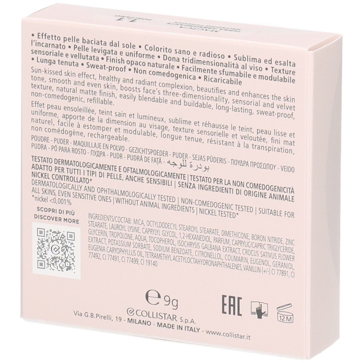 Rückseite der Collistar Magica Bronzing Powder Verpackung mit Produktinformationen und Inhaltsstoffen.