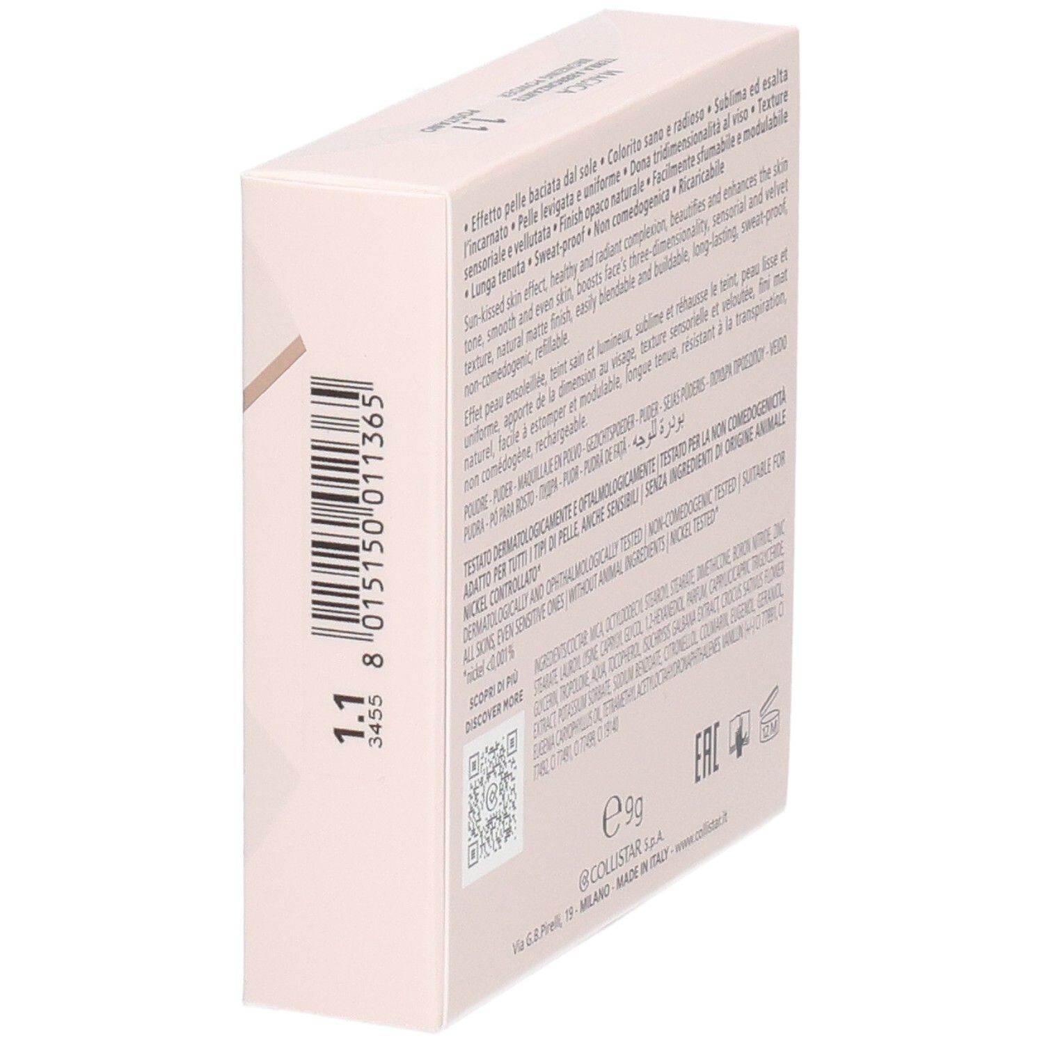 Seitenansicht der Collistar Magica Bronzing Powder Verpackung mit Barcode.