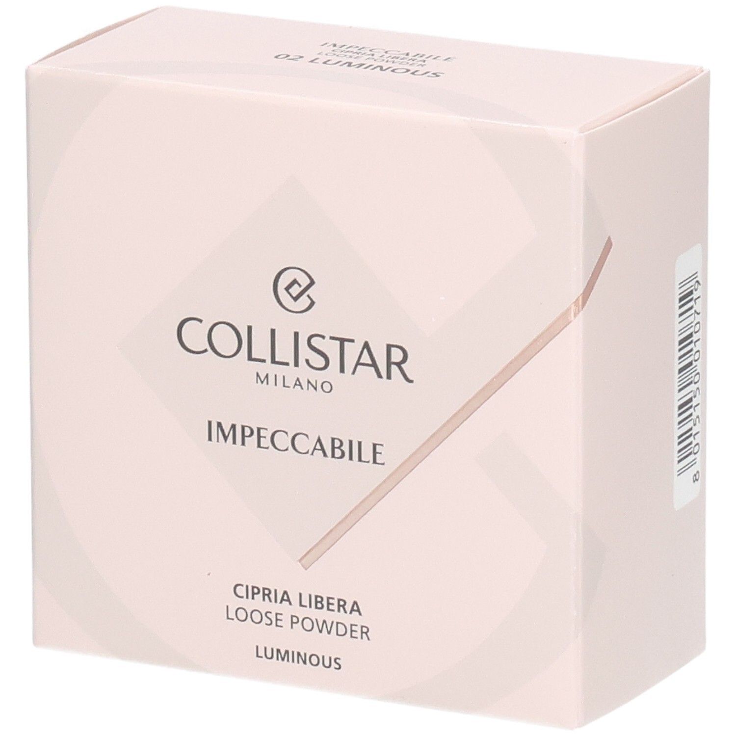 Collistar Impeccabile Poudre Libre, 02 Luminous. Kartonverpackung mit Produktinformationen.