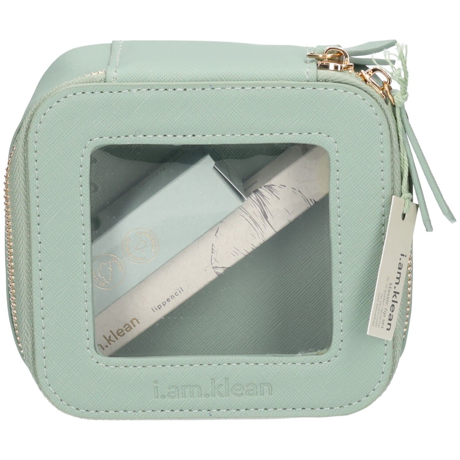 Quadratische, mintfarbene Kosmetiktasche mit Reißverschluss und Sichtfenster. Enthält zwei Produkte und ein Etikett mit dem Logo i.am.klean.