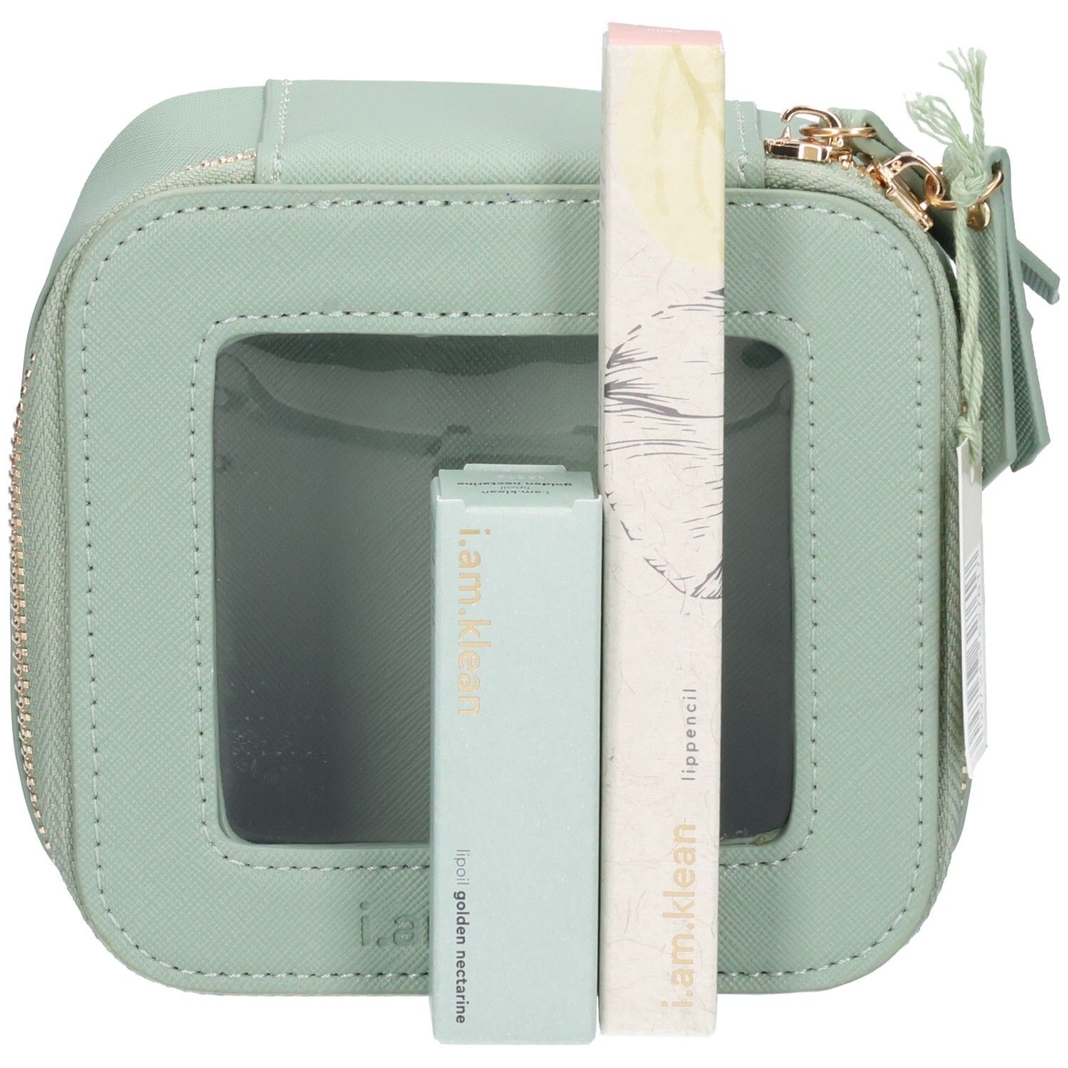 Mintfarbene Kosmetiktasche mit Reißverschluss und Sichtfenster. Enthält Lippenstift und Lipliner-Verpackungen. Etikett mit i.am.klean Logo.