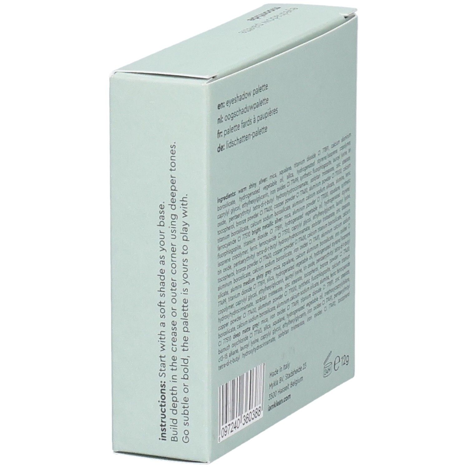 Hellgrüne Verpackung. Text: Anwendungshinweise. Schwarze Schrift. QR-Code und Barcode.