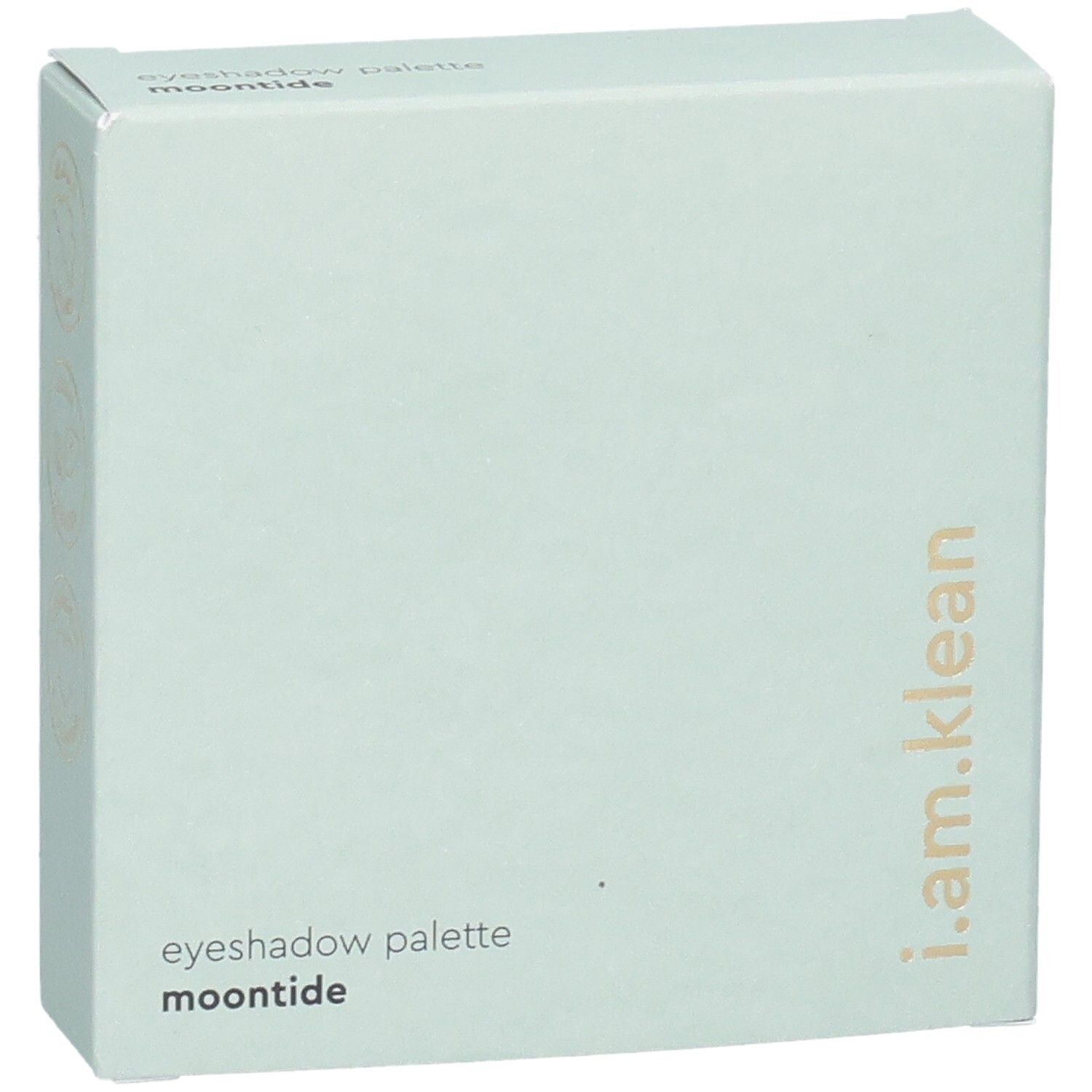 Hellgrüne Verpackung. Aufschrift: i.am.klean, Eyeshadow Palette Moontide. Goldfarbene Schrift.