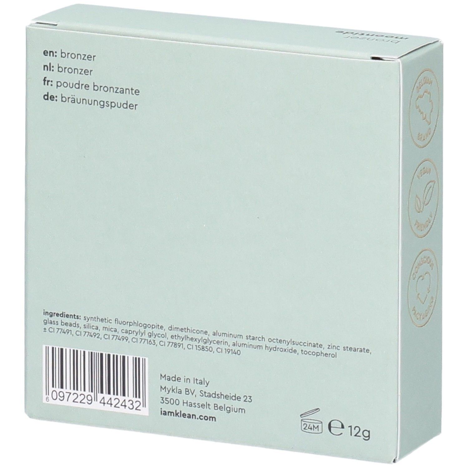 Rückseite der hellgrünen Kartonverpackung. Enthält Inhaltsstoffe, Barcode, Herstellungsort und Gewicht: 12g.