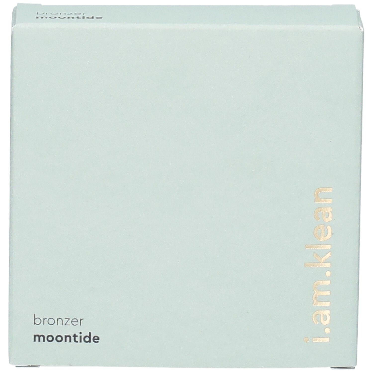 Hellgrüne Kartonverpackung. Aufschrift: i.am.klean, bronzer moontide.
