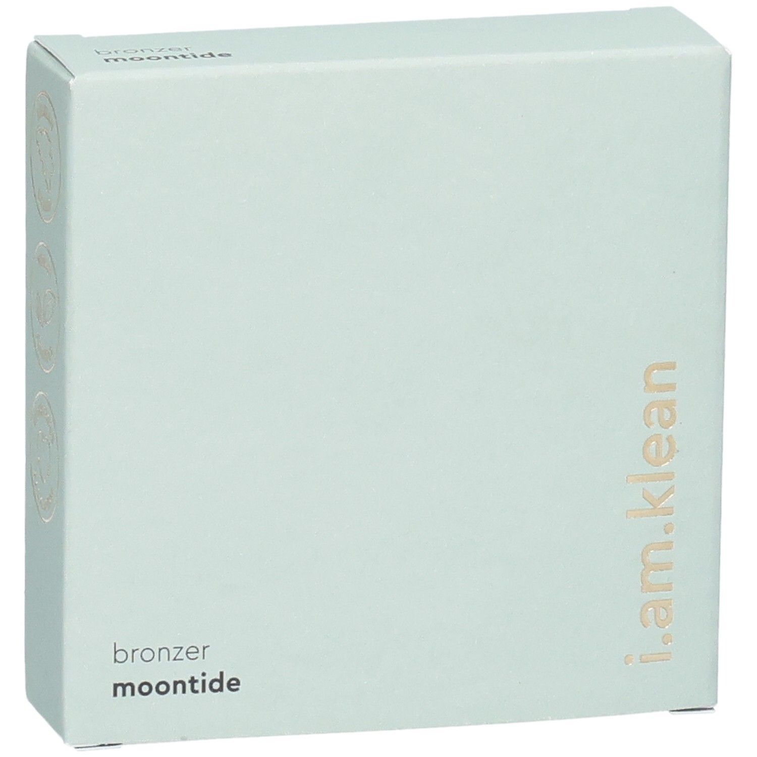 Hellgrüne Kartonverpackung. Aufschrift: i.am.klean, bronzer moontide.