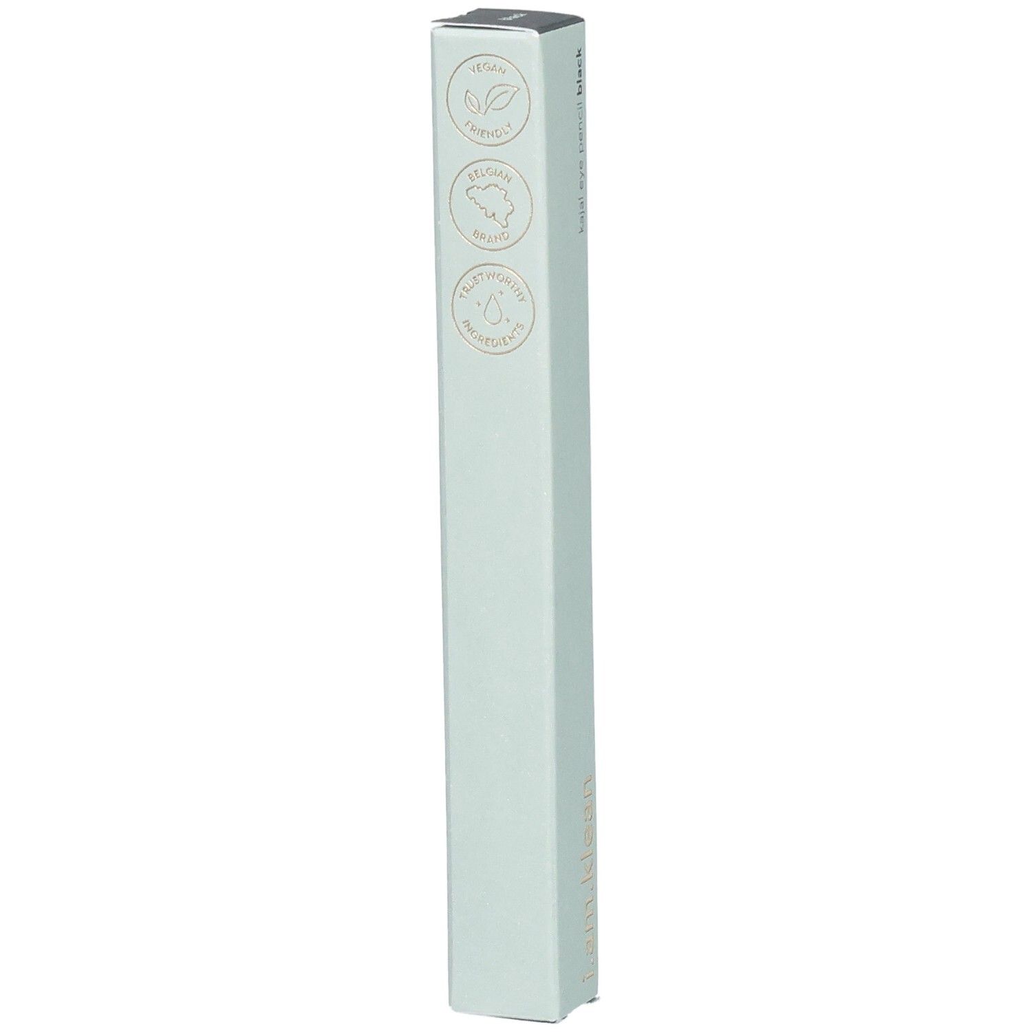 Kajal Eye Pencil Black Verpackung. Hellgrüne Schachtel mit Logos: Vegan, Cruelty Free, Plastic Free. Marke i.am.klean.