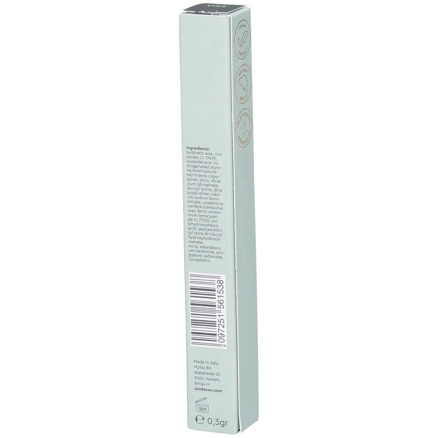 Rückseite der Kajal Eye Pencil Black Verpackung. Inhaltsstoffe, Barcode, Adresse, Gewicht 0,3gr. Marke i.am.klean.
