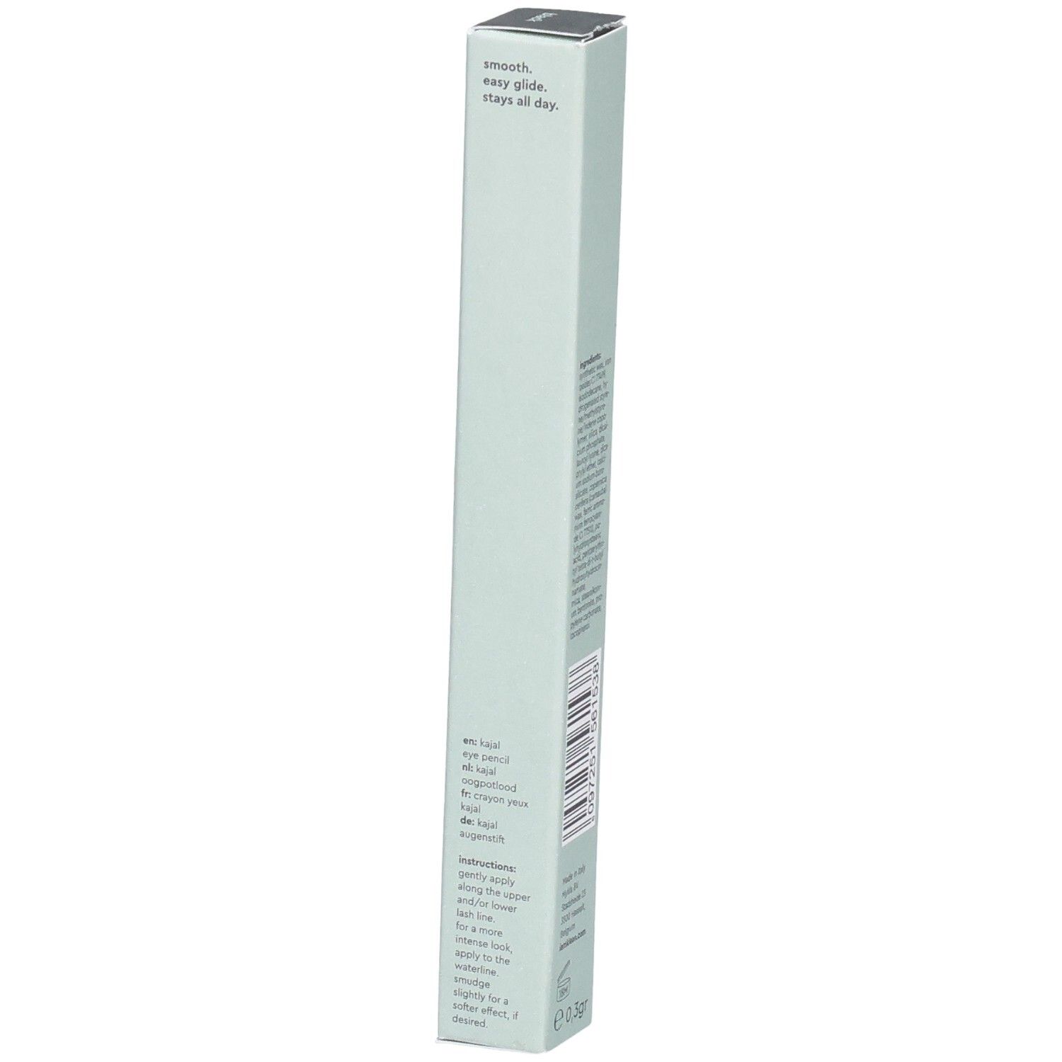 Kajal Eye Pencil Black Verpackung. Text: smooth, easy glide, stays all day. Marke i.am.klean. Hellgrüne Schachtel.