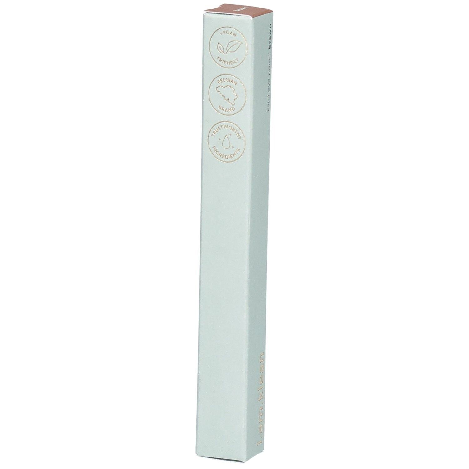 Kajal Eye Pencil Brown Verpackung mit Logos. Vegan, tierversuchsfrei, wasserfest. Hellgrüne Schachtel mit braunem Deckel.