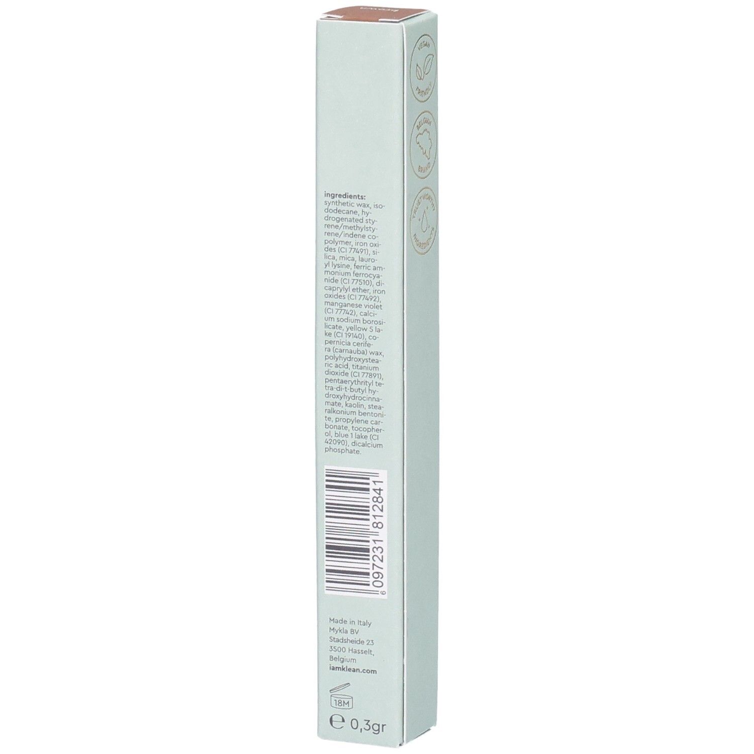 Kajal Eye Pencil Brown Verpackung mit Inhaltsstoffen und Barcode. Hellgrüne Schachtel mit braunem Deckel. Text in mehreren Sprachen.