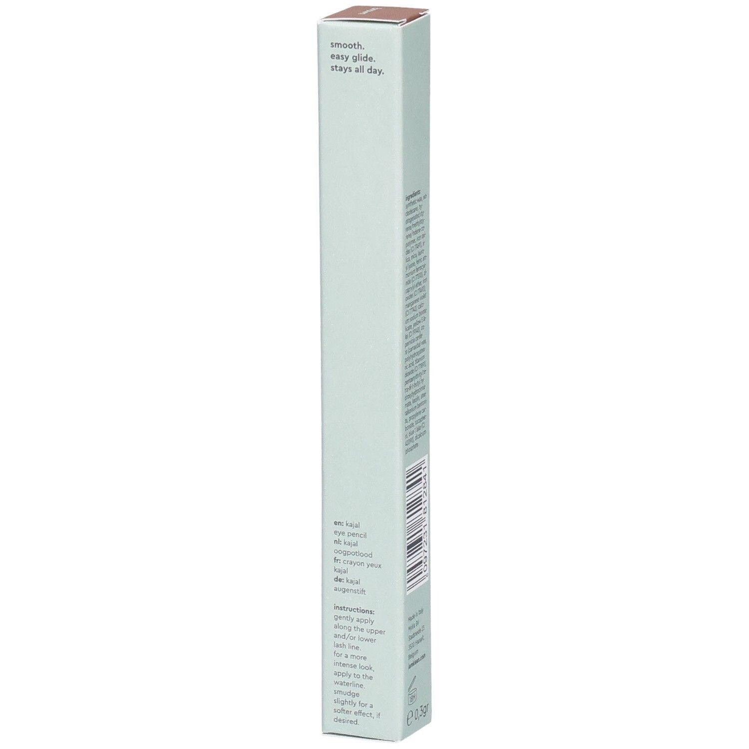 Kajal Eye Pencil Brown Verpackung mit Text. 'Smooth, easy glide, stays all day.' Hellgrüne Schachtel mit braunem Deckel.