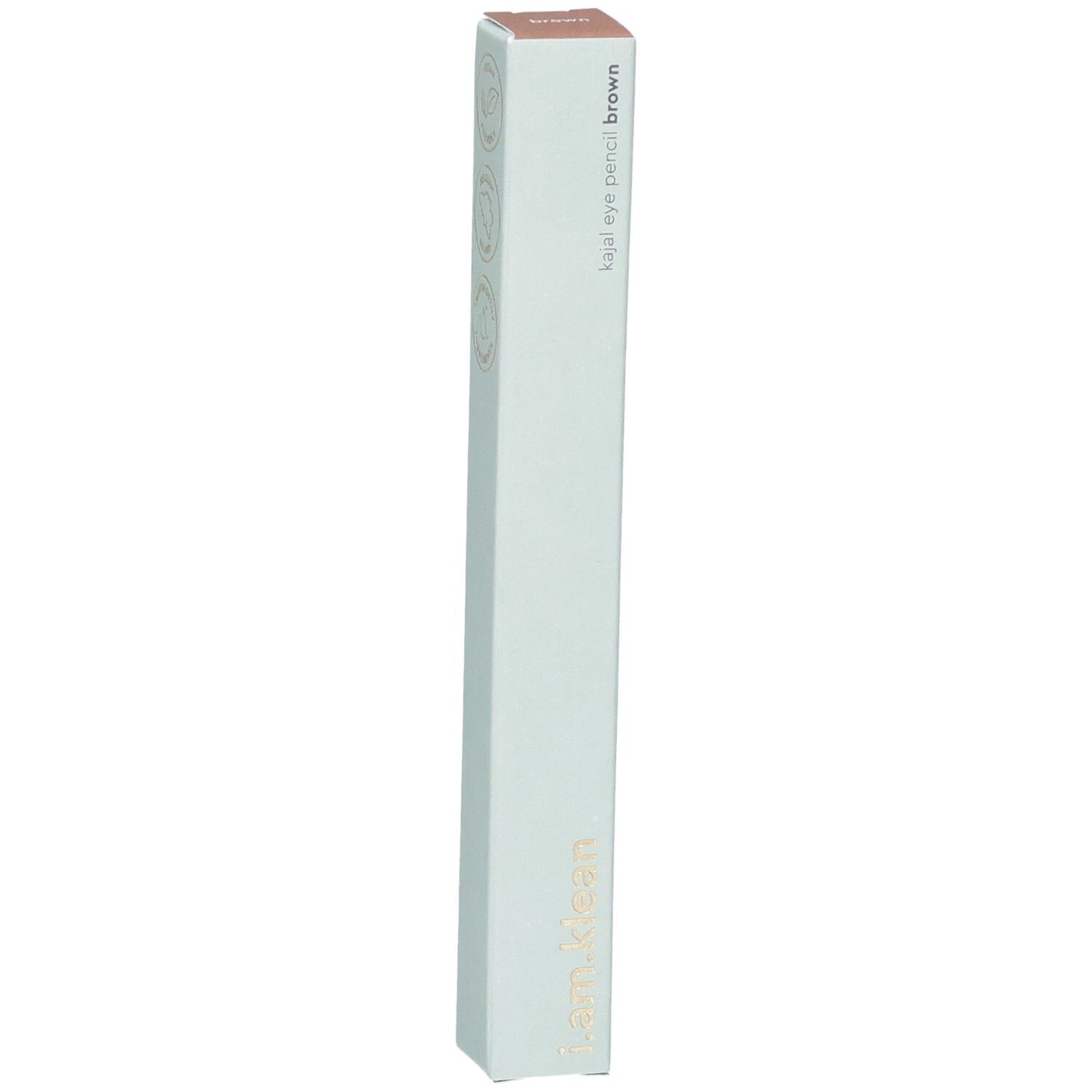Kajal Eye Pencil Brown Verpackung. Marke i.am.klean. Hellgrüne Schachtel mit braunem Deckel. Produktname und Marke sichtbar.
