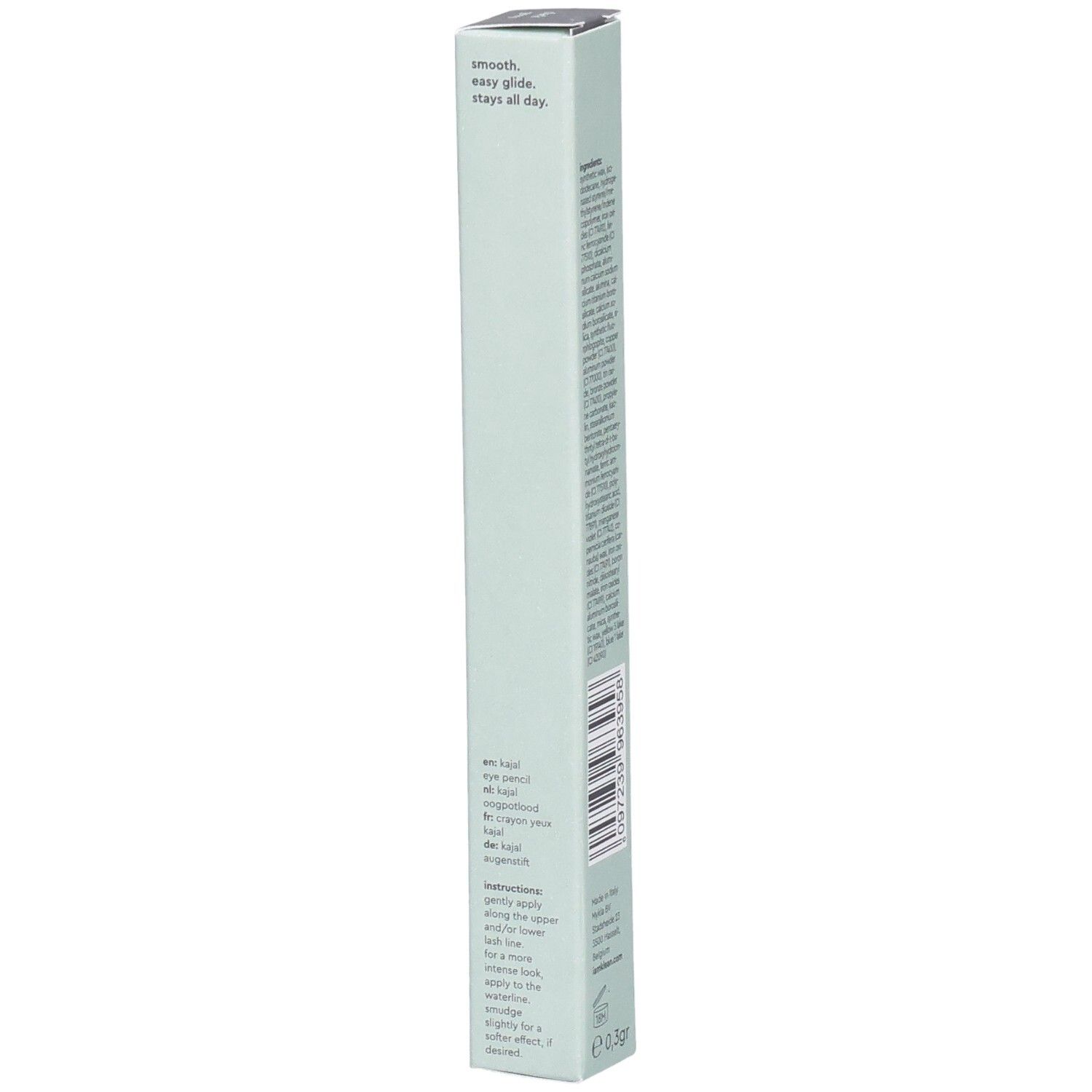 Verpackung mit Anweisungen: 'smooth, easy glide, stays all day'. Kajal Eye Pencil Dark Grey Moontide.