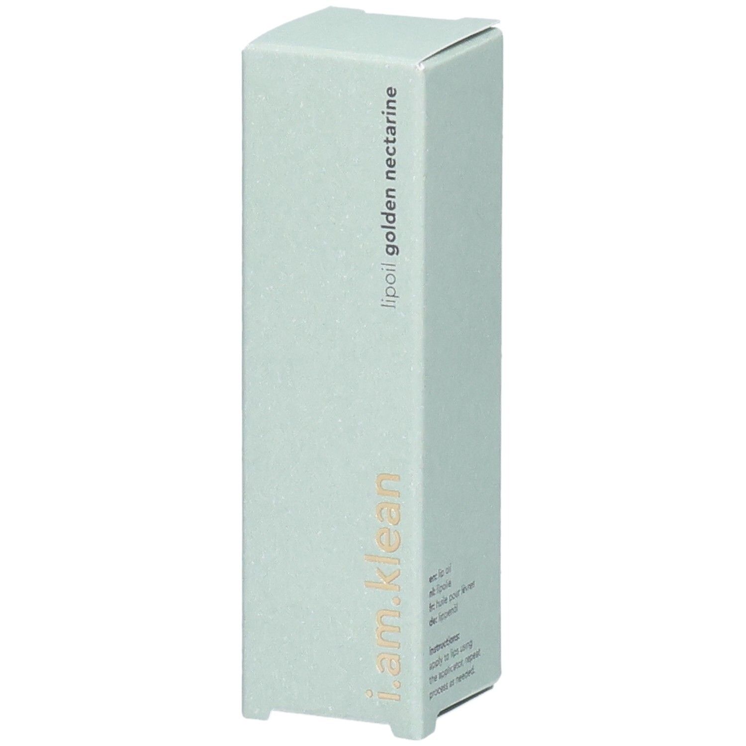 Hellgrüne Schachtel. Aufschrift: i.am.klean, lipoil golden nectarine. Text: Anwendungshinweise.