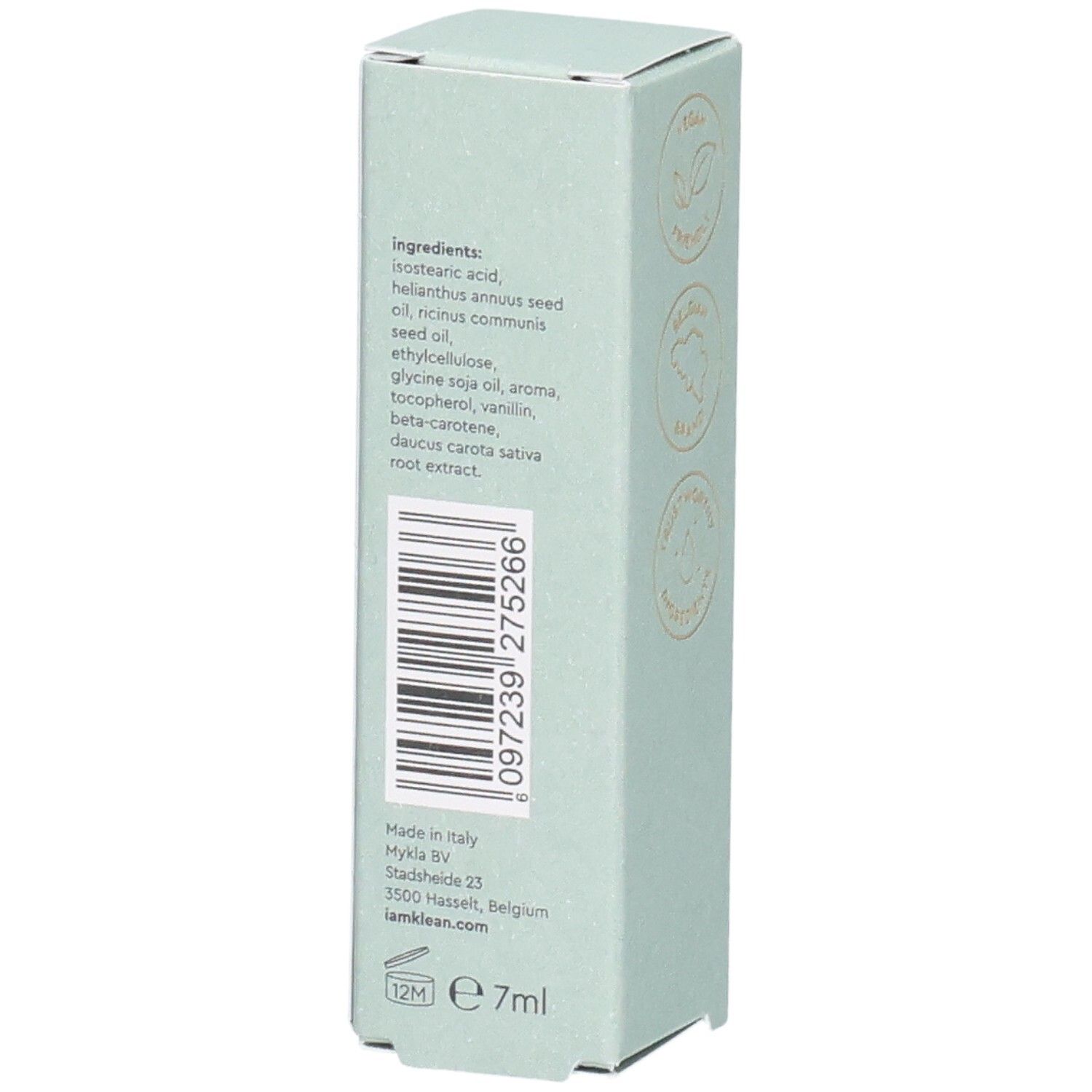 Hellgrüne Schachtel. Inhaltsstoffe, Barcode, Made in Italy, e 7ml. Aufschrift: i.am.klean.