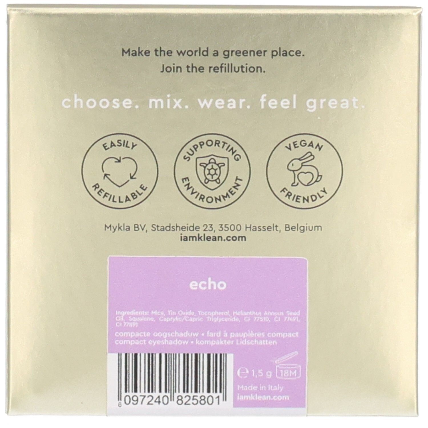 Rückseite der Lidschattenverpackung. Text: 'choose. mix. wear. feel great.' Mit Logos für Nachfüllbarkeit, Umwelt und Vegan.