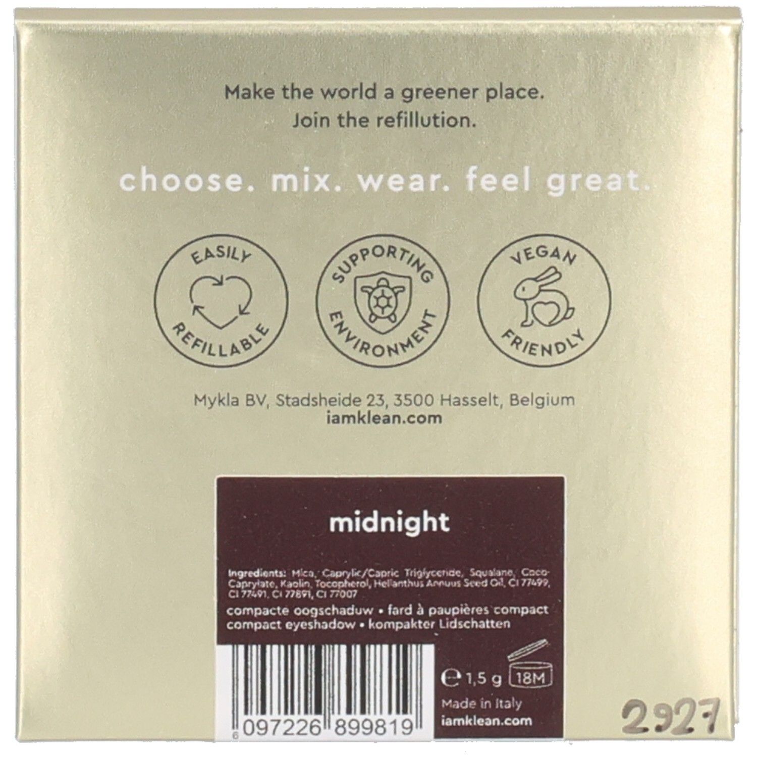 Rückseite der Lidschattenverpackung. Text mit Inhaltsstoffen, Logo für vegane Produkte und Barcode. Farbe: Midnight.