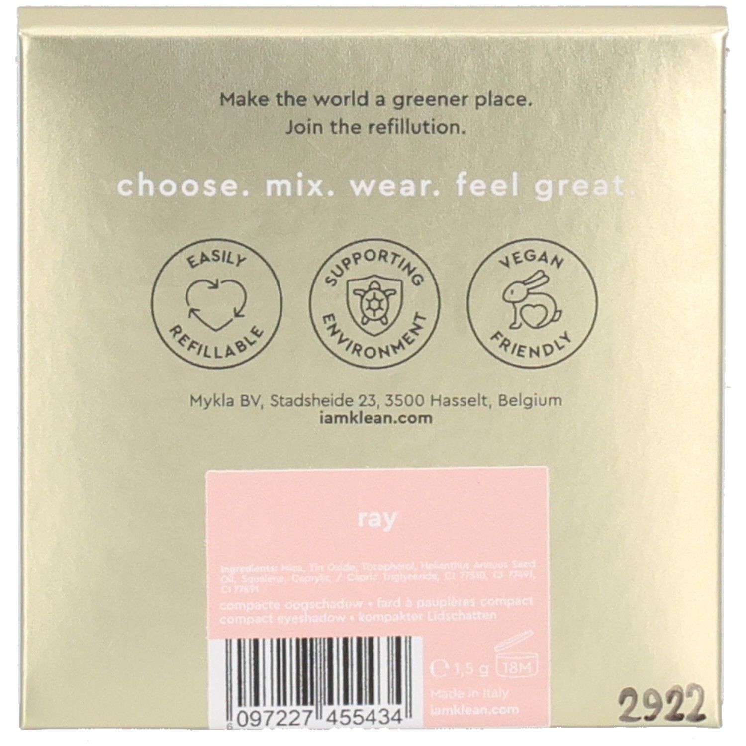 Rückseite der Verpackung. Text: "choose. mix. wear. feel great". Logos für nachfüllbar, umweltfreundlich, vegan.