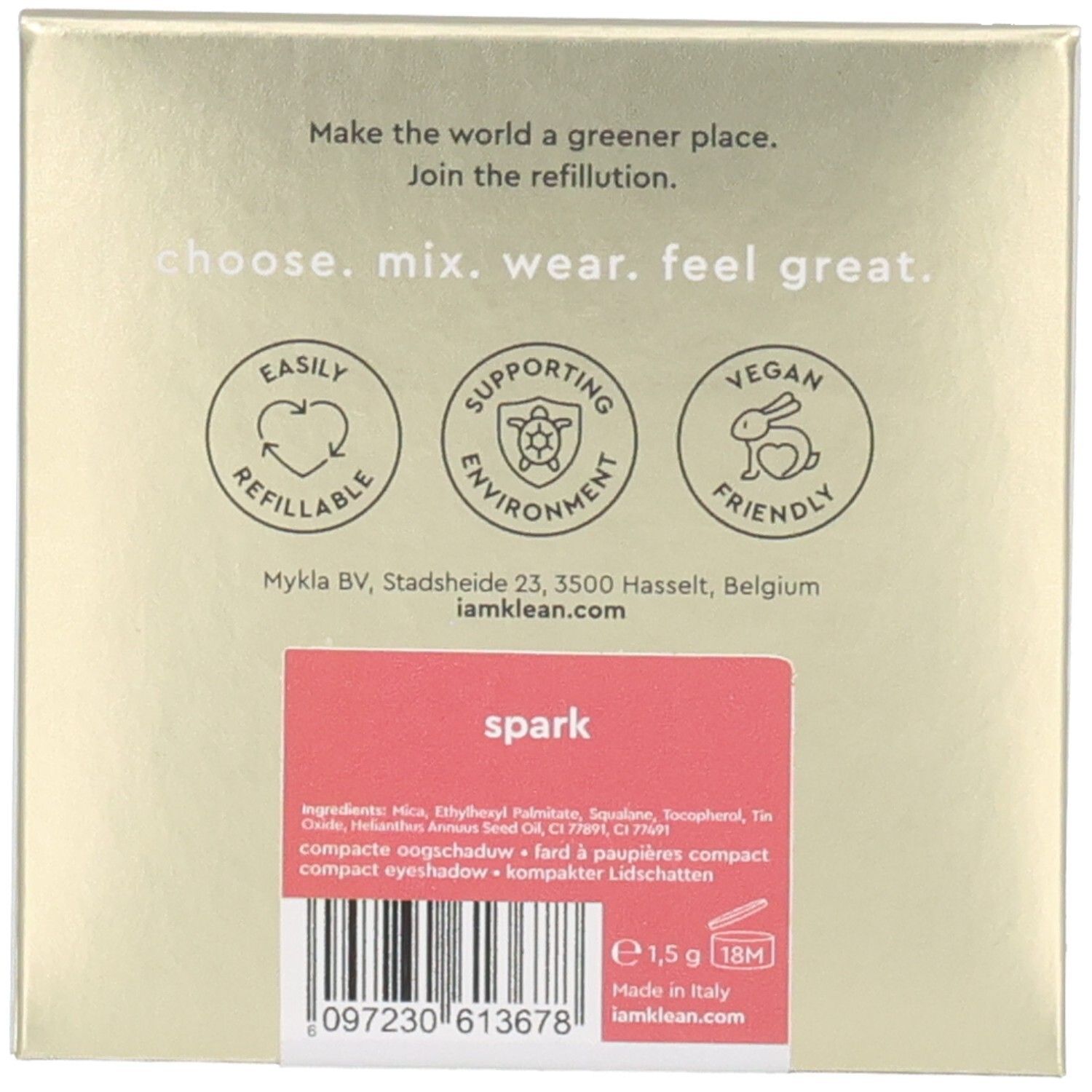 Rückseite der Verpackung. Text: Make the world a greener place. 3 Logos: Easily refillable, Supporting environment, Vegan friendly. Text: spark.