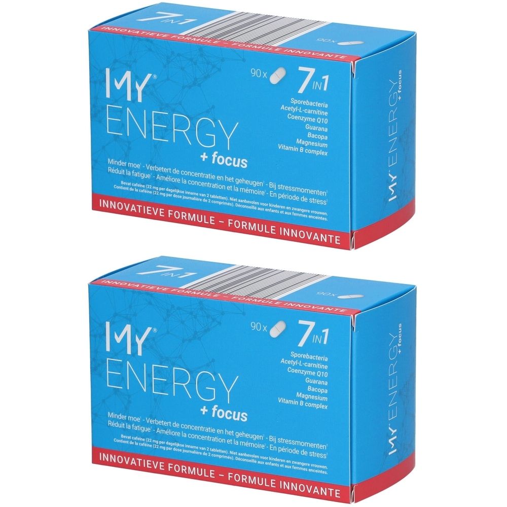 Twee blauwe dozen met "MY ENERGY + focus" logo en 7-in-1 formule. Bevat 90 tabletten. Opschrift in meerdere talen.