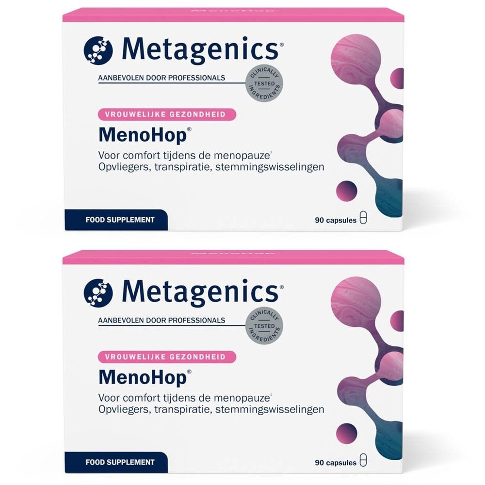 Twee roze en witte dozen Metagenics met MenoHop-tekst. 90 capsules.