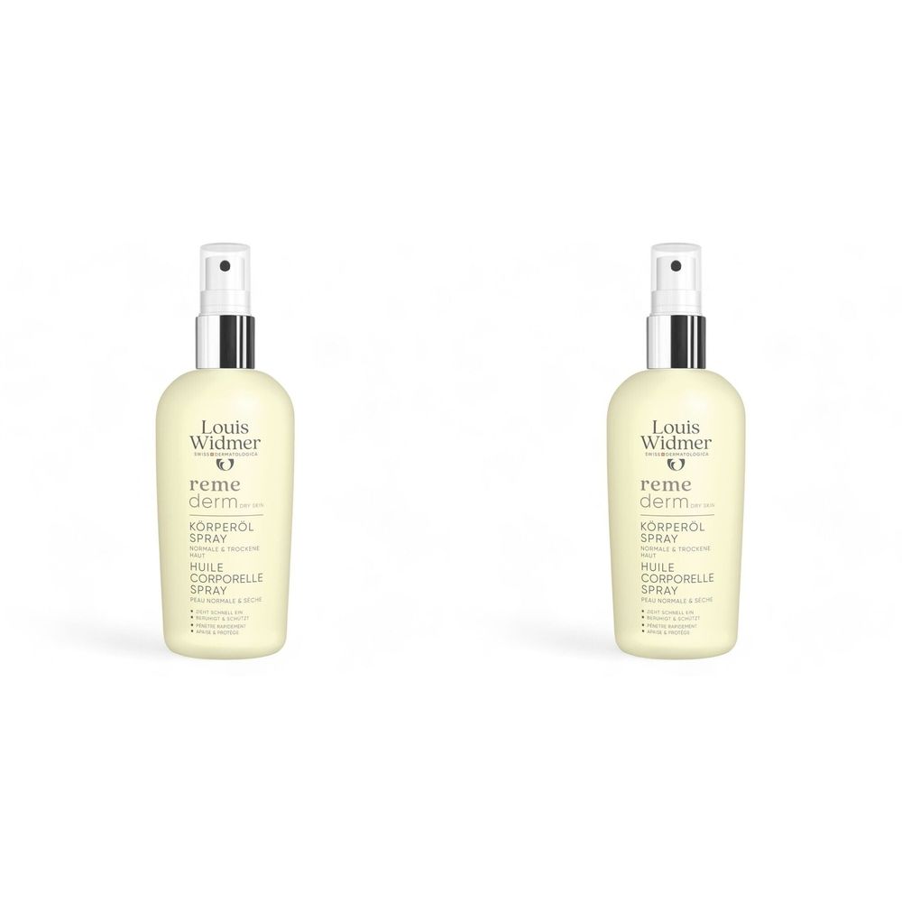 Twee sprays Louis Widmer Remederm. Gelige flessen met zilveren sproeikoppen. Opschrift: Remederm, Body Oil Spray.