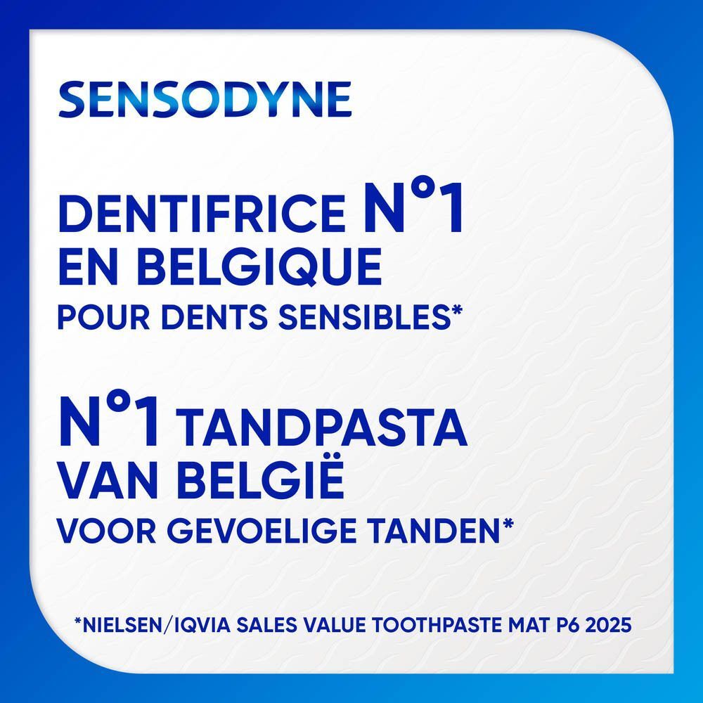 Dentifrice Sensodyne : N°1 en Belgique pour dents sensibles. Contient Novamin pour la réparation.
