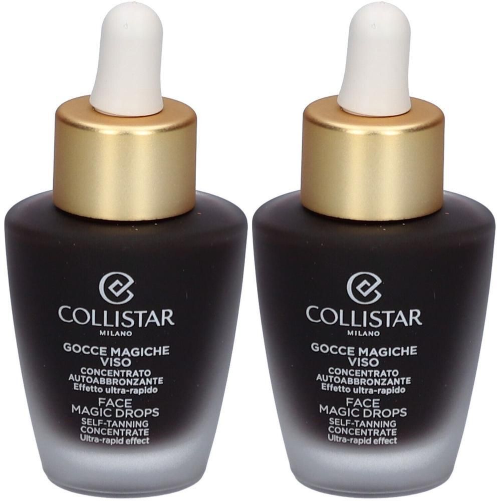 Zwei Flaschen mit Tropfer. Dunkelbraune Flüssigkeit, goldfarbener Deckel, weißer Tropfer. Aufschrift: Collistar, Face Magic Drops.