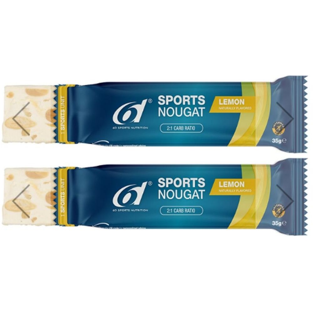 Twee repen 6D Sports Nutrition Sports Nougat, citroen. Blauwe verpakking met logo en productnaam. 35g.
