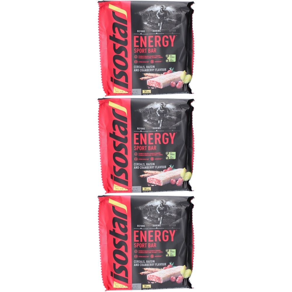 Trois barres Isostar Energy Sport emballées. Emballage rouge avec informations et logo.