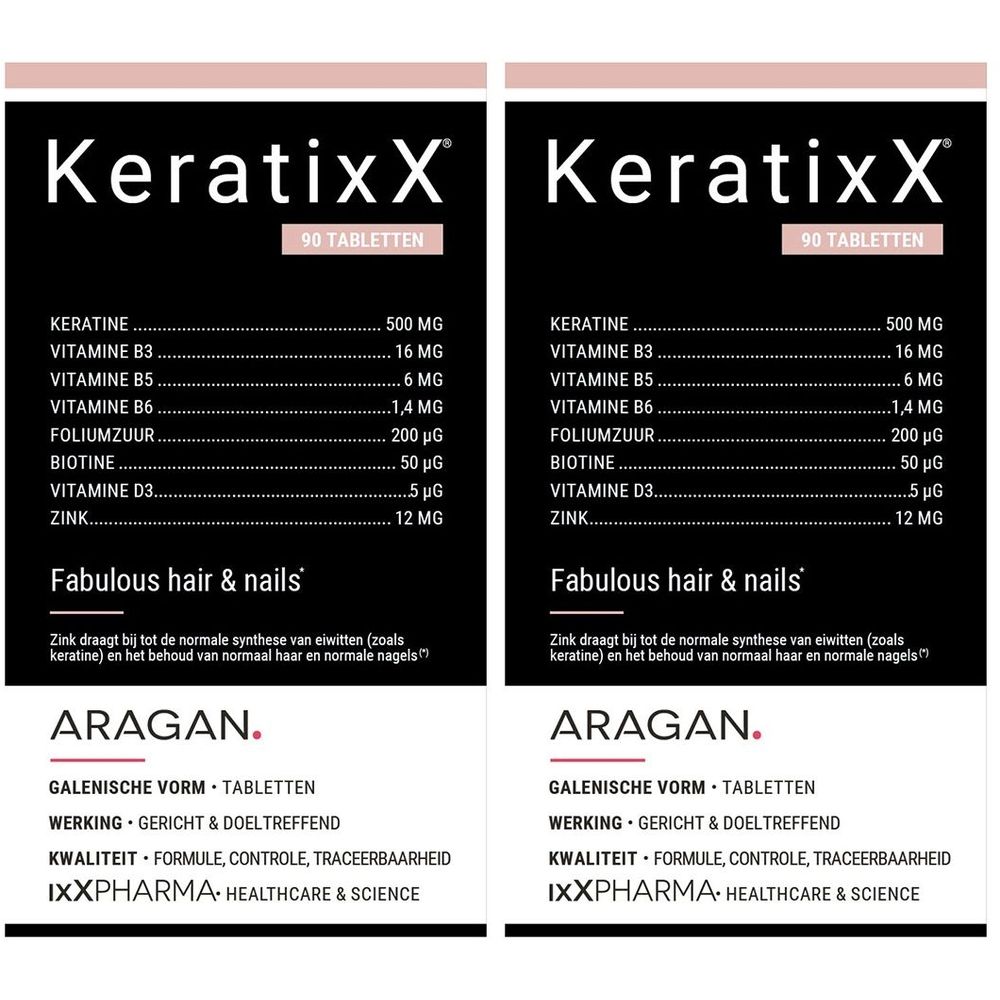 Twee witte etiketten met informatie. Opschrift: KeratixX, 90 tabletten, Fabulous hair & nails, Aragan.