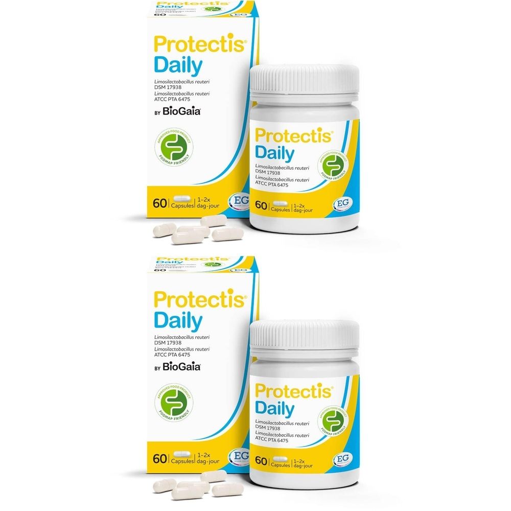 Deux emballages de Protectis Daily avec flacons et gélules. Emballage jaune et bleu. Contient 60 gélules.