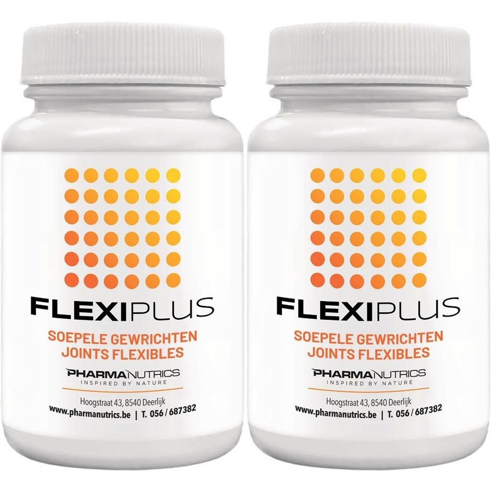 Twee witte flessen met etiketten. Opschrift: FLEXIPLUS, Soepele Gewrichten, Joints Flexibles. PharmaNutrics.
