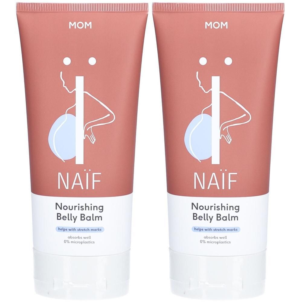 Zwei Tuben Naïf Nourishing Belly Balm. Rosa-weiße Verpackung mit Logo und Produktbezeichnung. Hilft bei Schwangerschaftsstreifen.