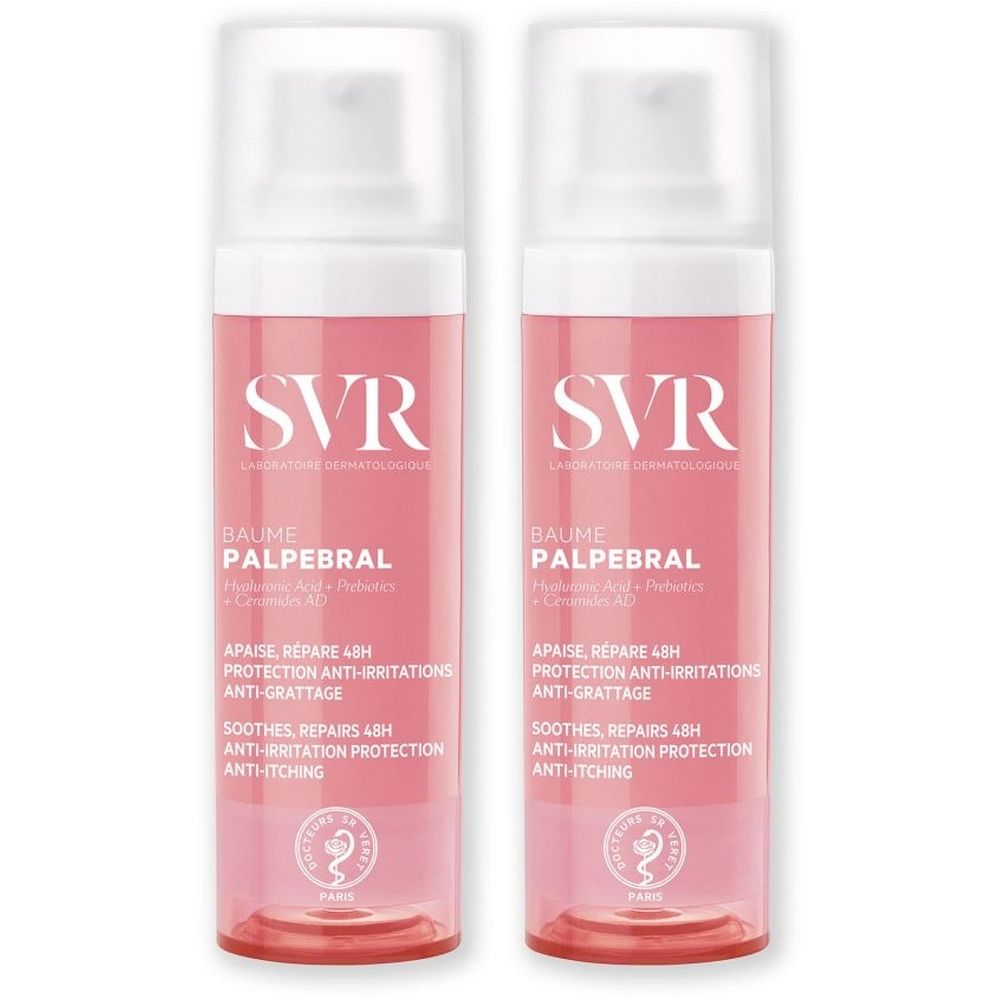 Twee roze flessen met witte doppen. Opschrift: SVR, Baume Palpebral. Tekst: Apaise, Répare 48H, Protection Anti-irritations, Anti-grattage.