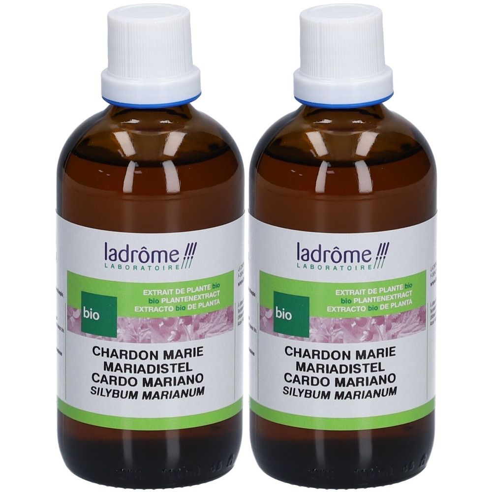 Twee flessen met witte doppen en etiketten. Opschrift: Chardon Marie, Bio.