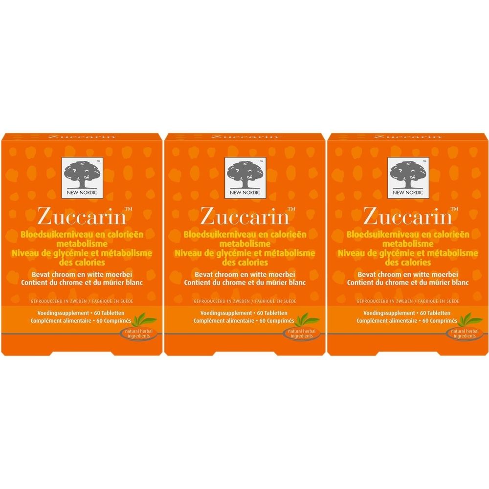 Drie dozen Zuccarin. Oranje verpakking met productnaam en logo. Bevat 60 tabletten.