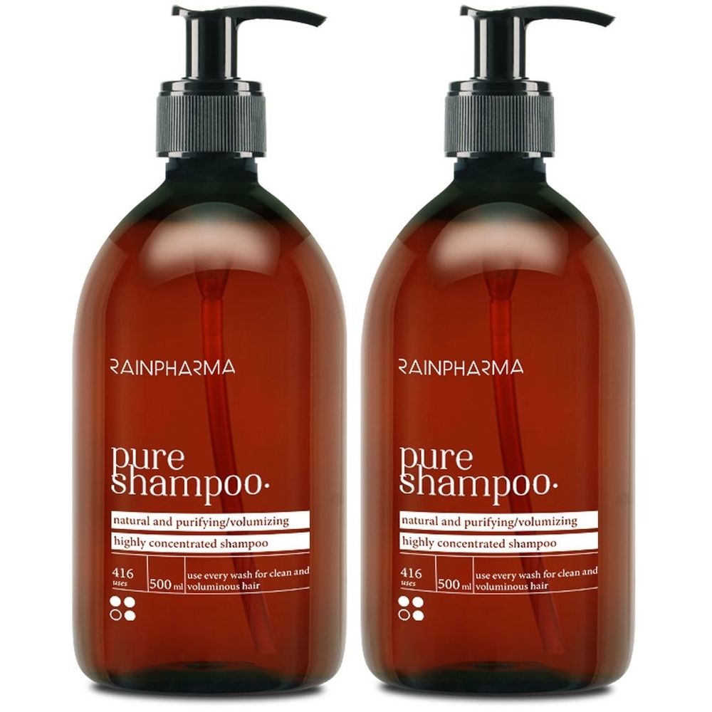 Deux flacons bruns avec pompe noire. Inscription: Rainpharma pure shampoo.